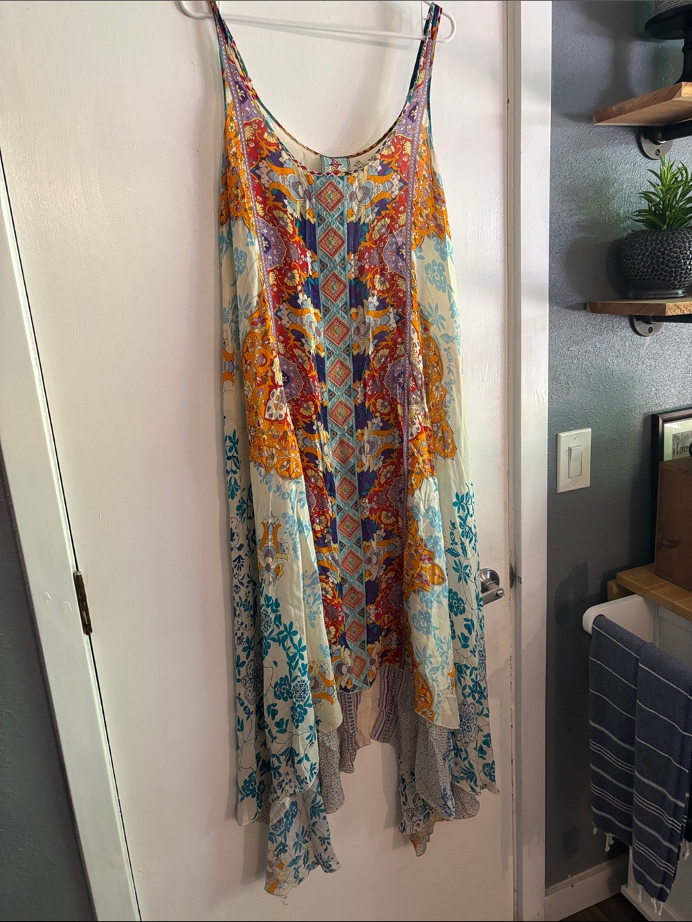 Johnny Was Cream Floral Asymmetrical Maxi Dress with Teal & Orange Accents